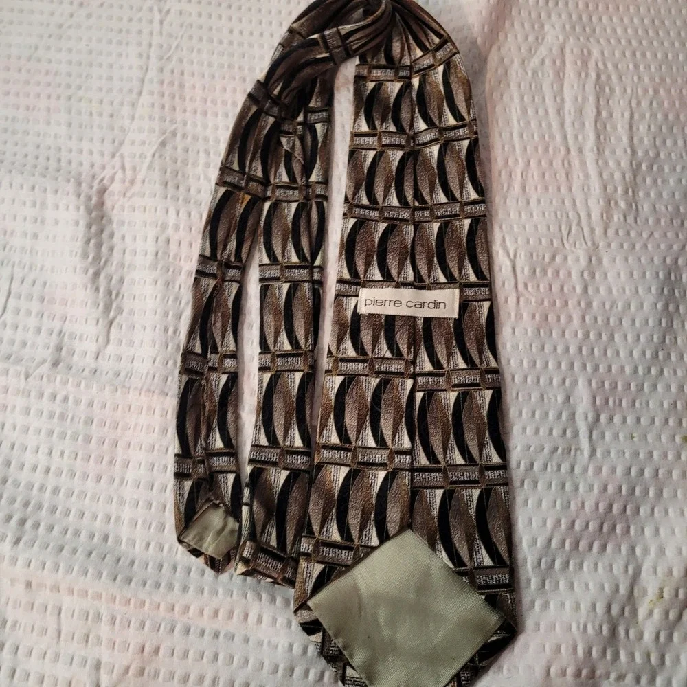 Pierre Cardin Silk Tie Brown Black Tan Geometric Abstract Pattern Mens Necktie‎